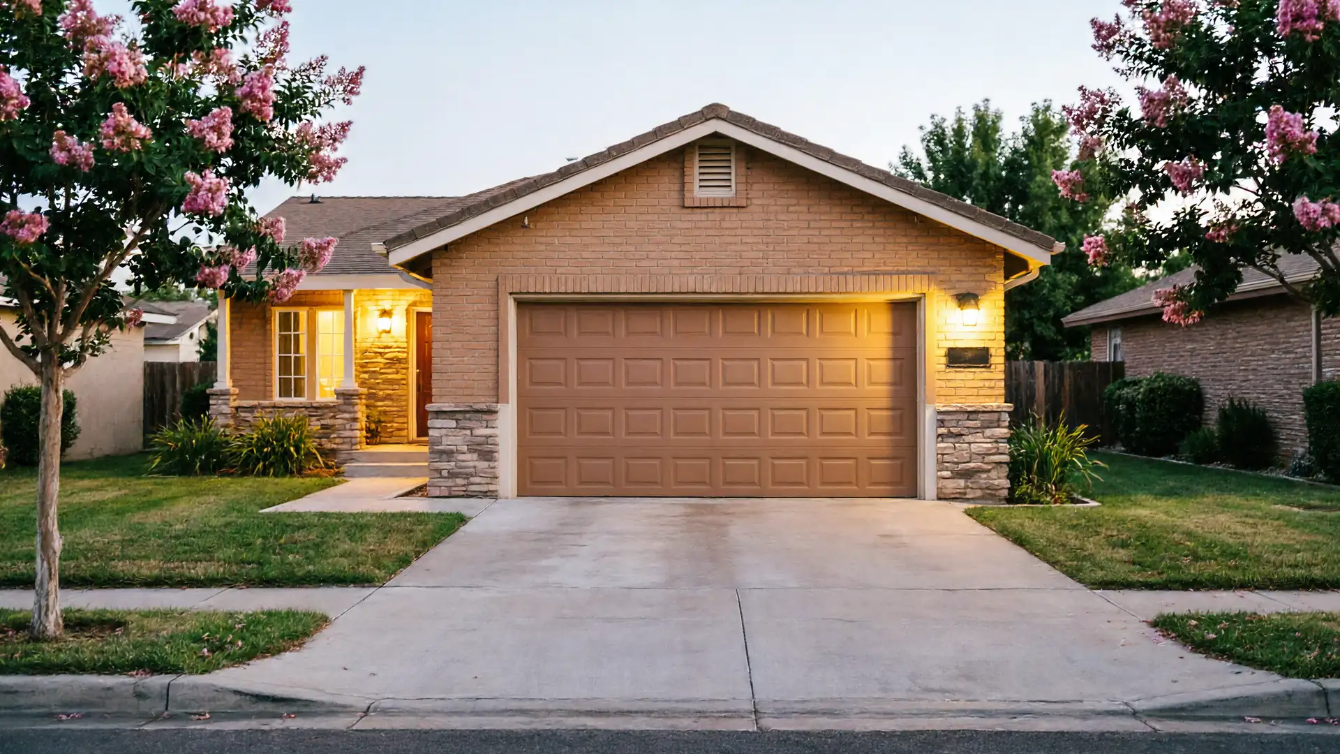 The house has a brown garage door, brick walls, and a concrete driveway.